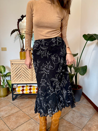 1990's vintage black and white asymetrical floral midi skirt