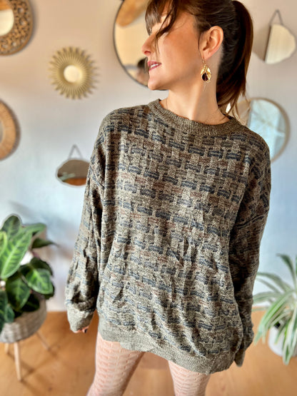 1990's vintage grey, brown and navy unisex oversize knit pullover