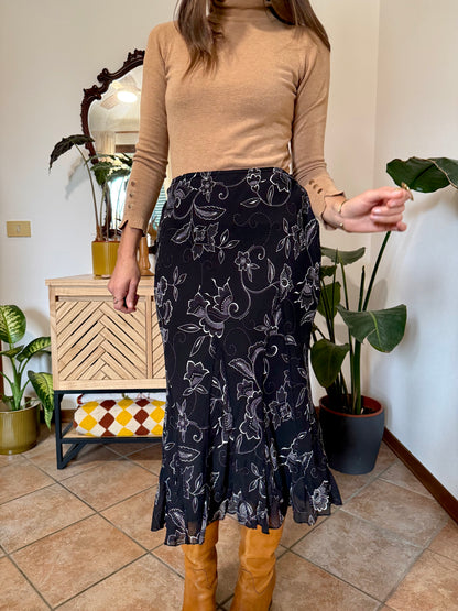 1990's vintage black and white asymetrical floral midi skirt