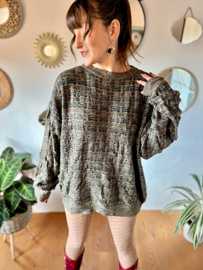 1990's vintage grey, brown and navy unisex oversize knit pullover