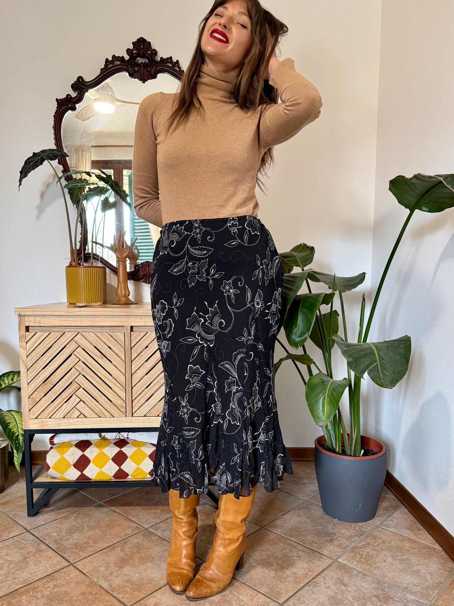 1990's vintage black and white asymetrical floral midi skirt
