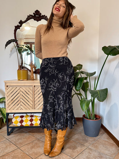 1990's vintage black and white asymetrical floral midi skirt