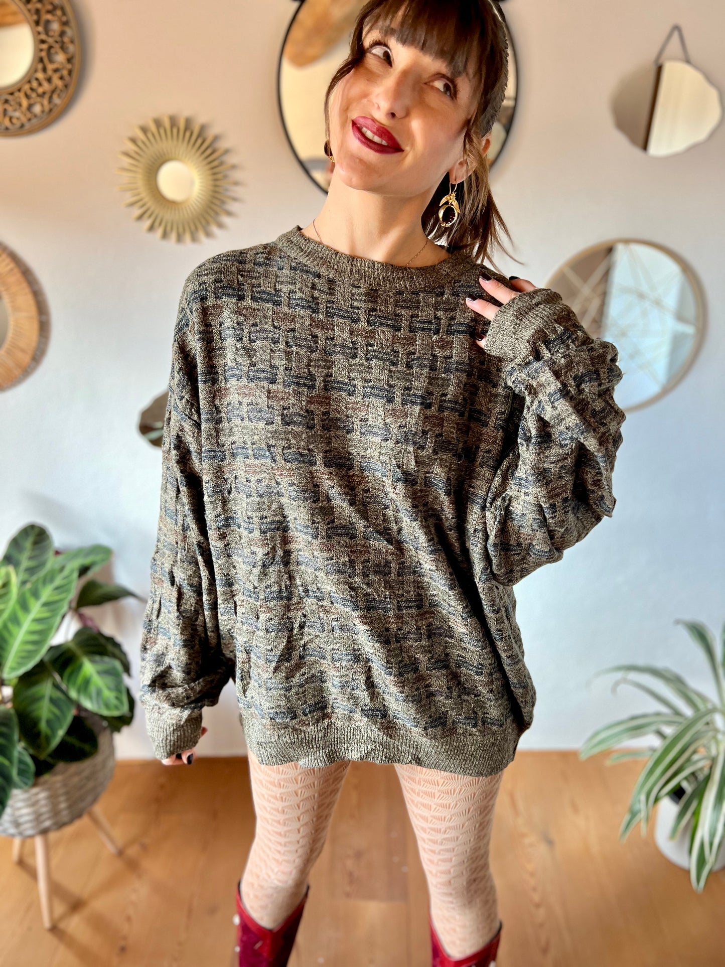 1990's vintage grey, brown and navy unisex oversize knit pullover