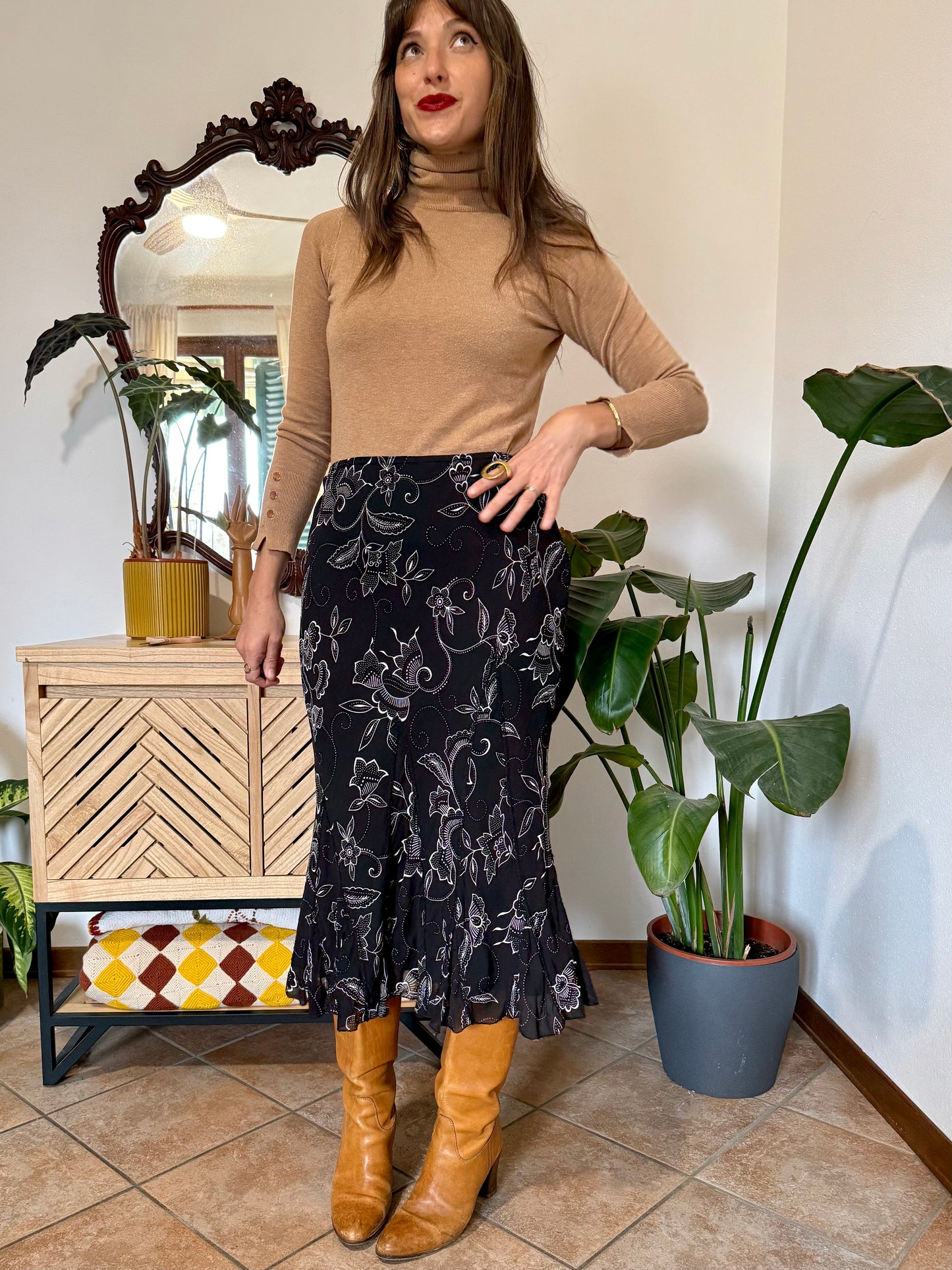 1990's vintage black and white asymetrical floral midi skirt