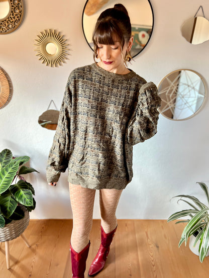 1990's vintage grey, brown and navy unisex oversize knit pullover