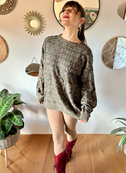 1990's vintage grey, brown and navy unisex oversize knit pullover