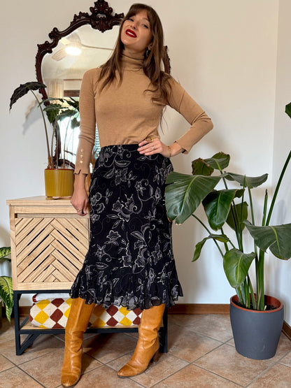 1990's vintage black and white asymetrical floral midi skirt