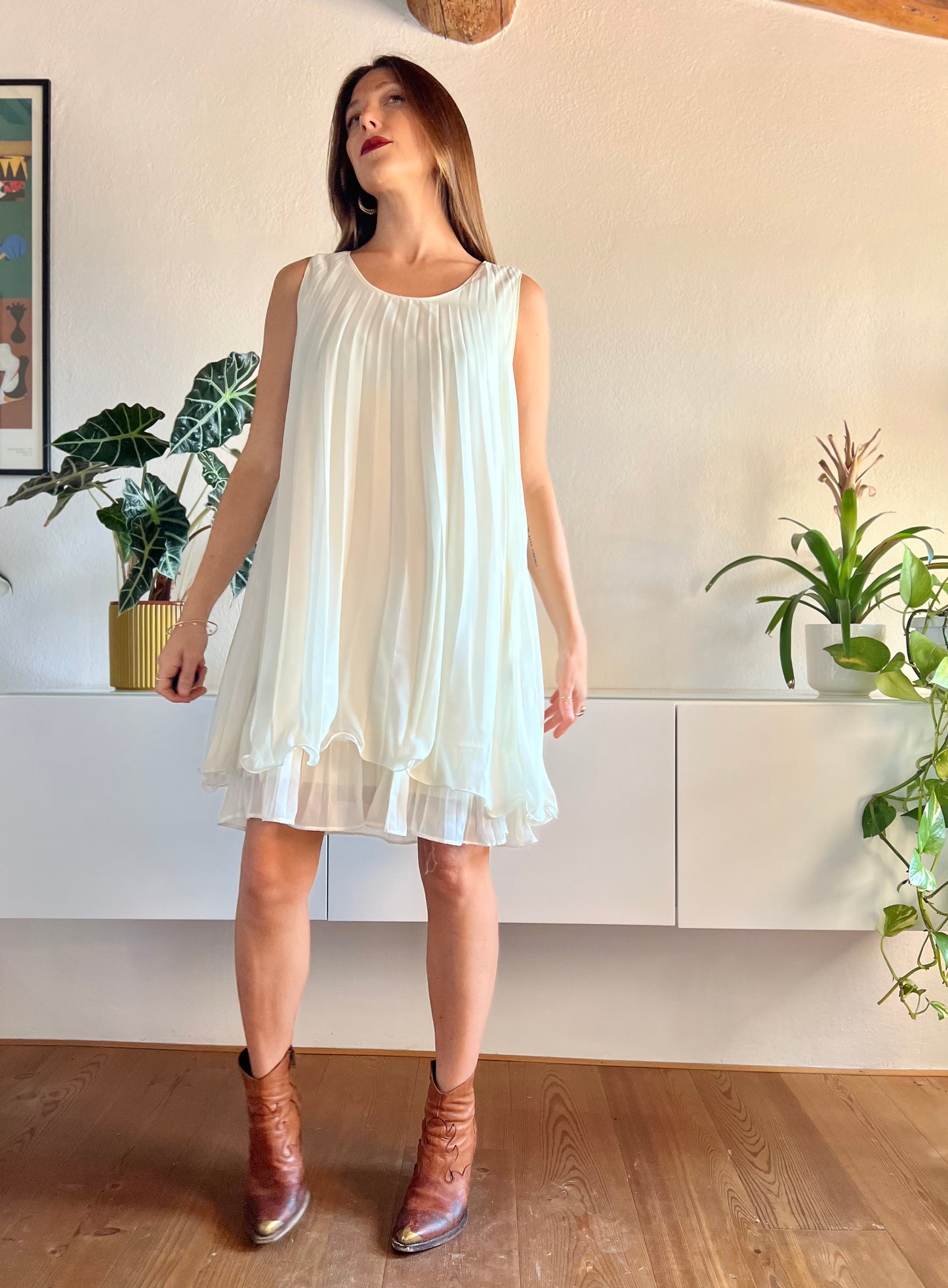 1990's vintage cream pleated mini dress