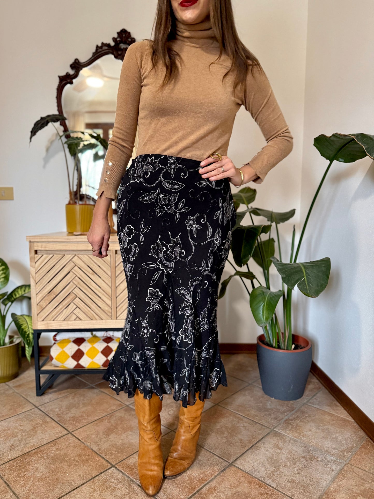 1990's vintage black and white asymetrical floral midi skirt