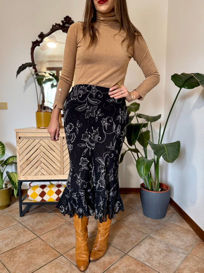 1990's vintage black and white asymetrical floral midi skirt