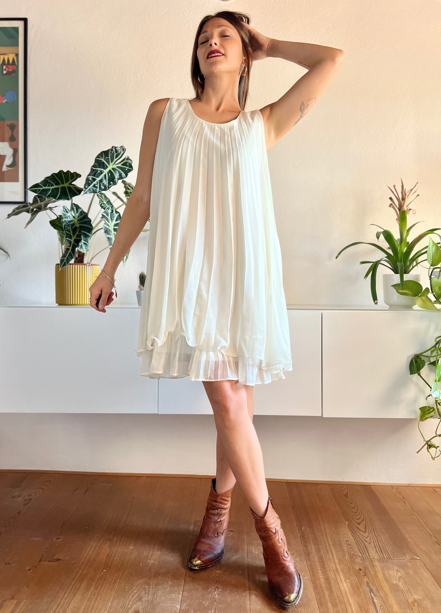 1990's vintage cream pleated mini dress