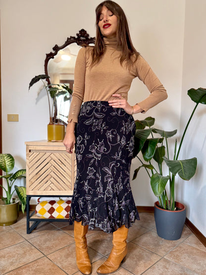 1990's vintage black and white asymetrical floral midi skirt