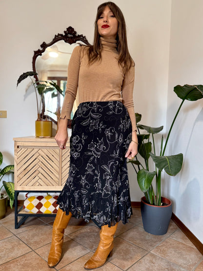 1990's vintage black and white asymetrical floral midi skirt