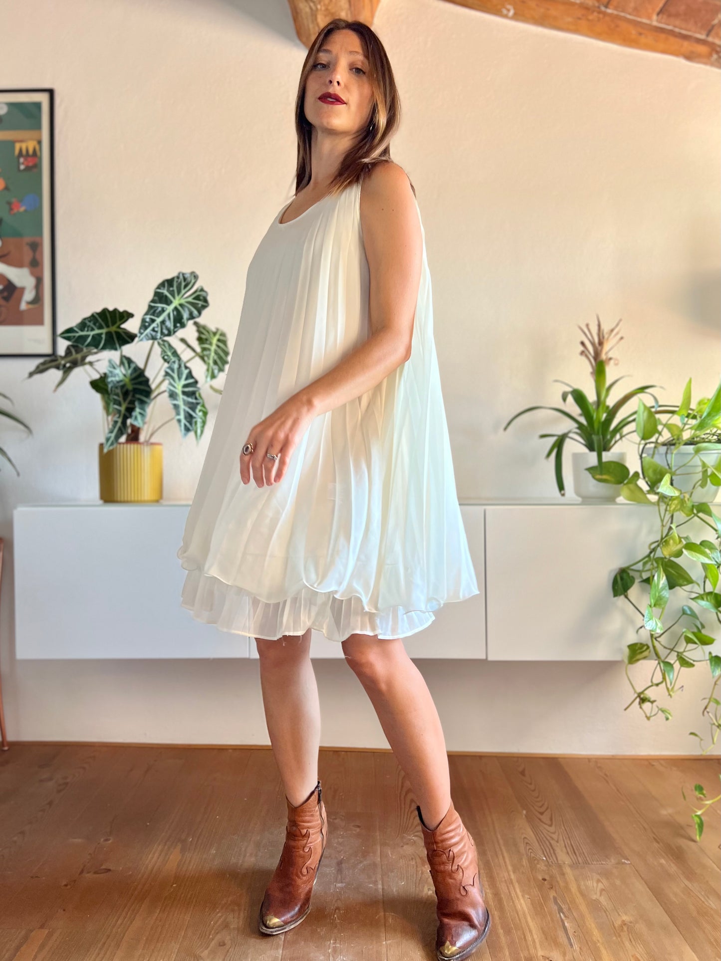 1990's vintage cream pleated mini dress