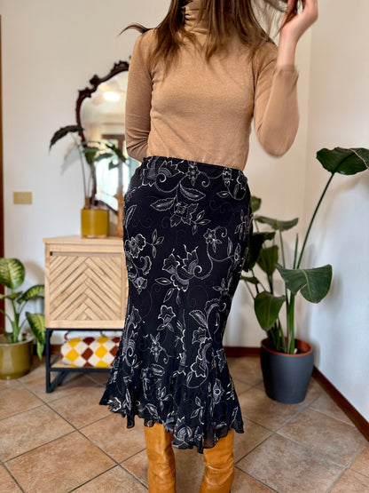 1990's vintage black and white asymetrical floral midi skirt