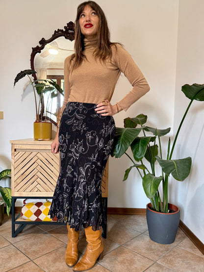 1990's vintage black and white asymetrical floral midi skirt