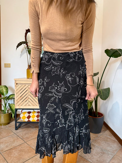 1990's vintage black and white asymetrical floral midi skirt
