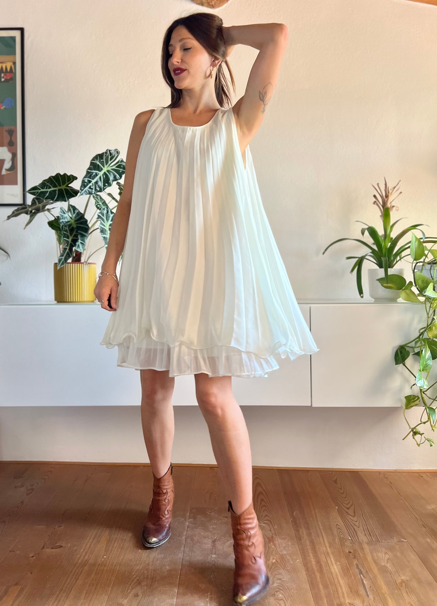 1990's vintage cream pleated mini dress