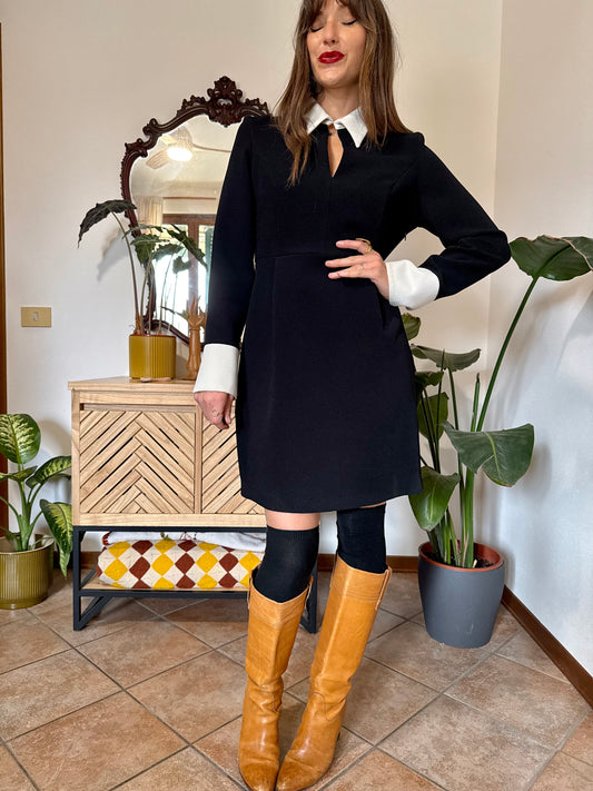 1990's vintage black textured dress with white exaggerated collar and cuffs
