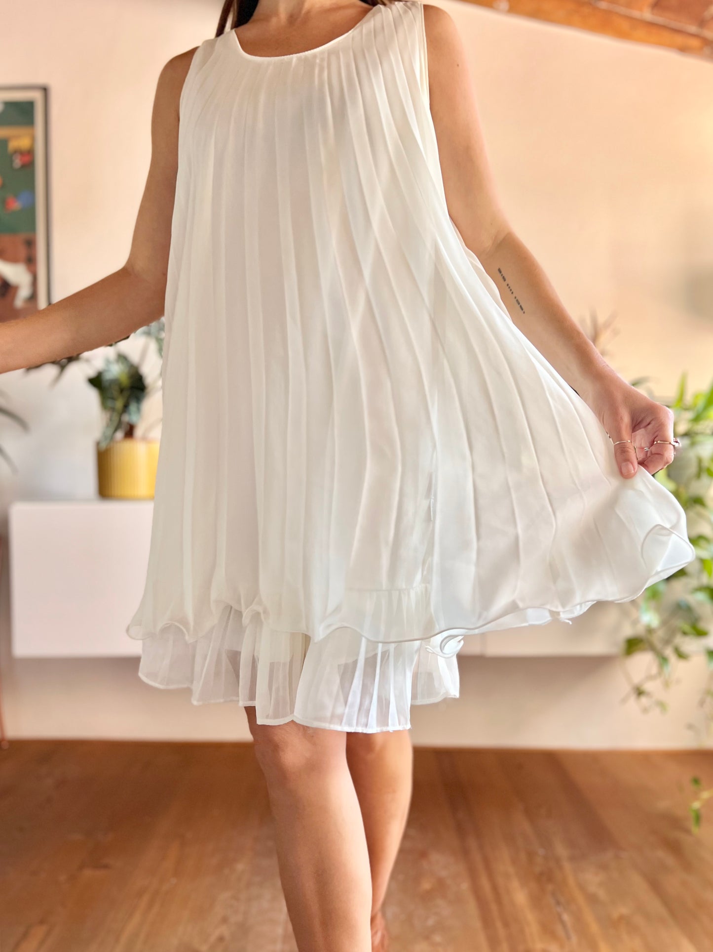 1990's vintage cream pleated mini dress