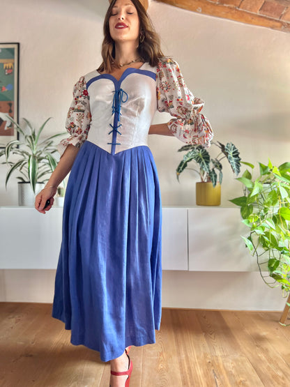 1970's vintage blue, beige and red linen milk maid maxi dress