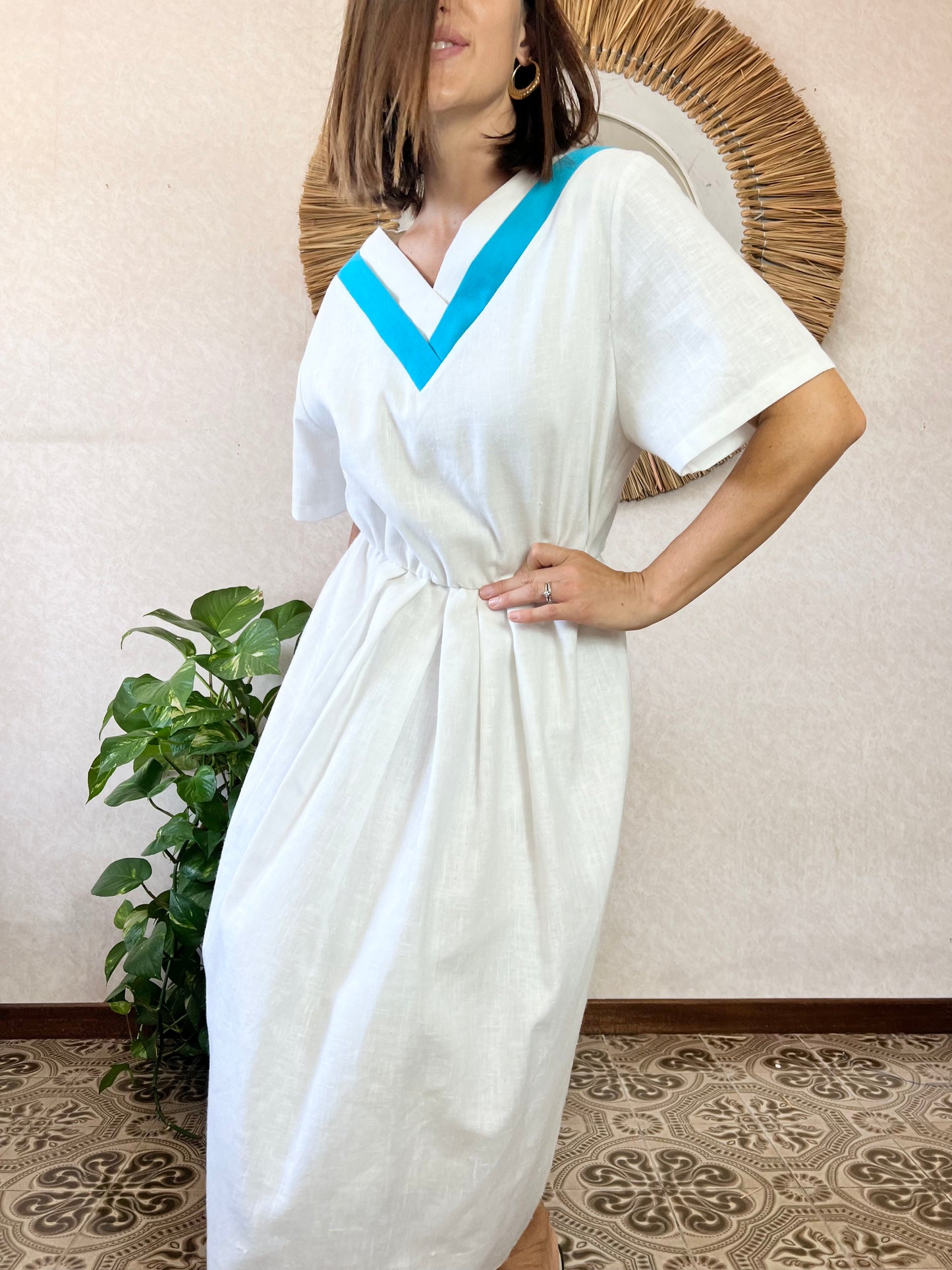 1960's vintage white midi dress with turquoise details