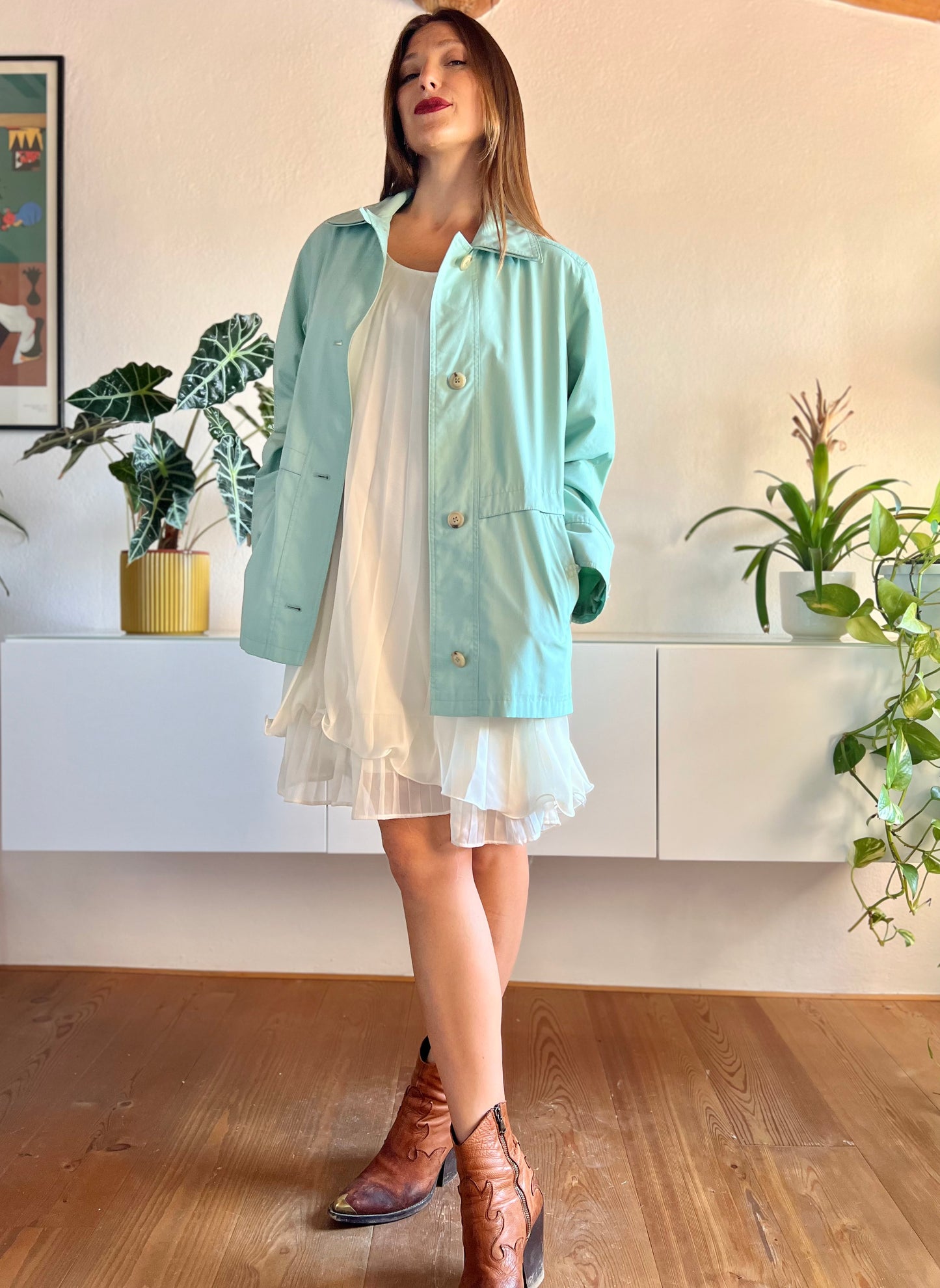 1990's vintage light turquoise trench coat