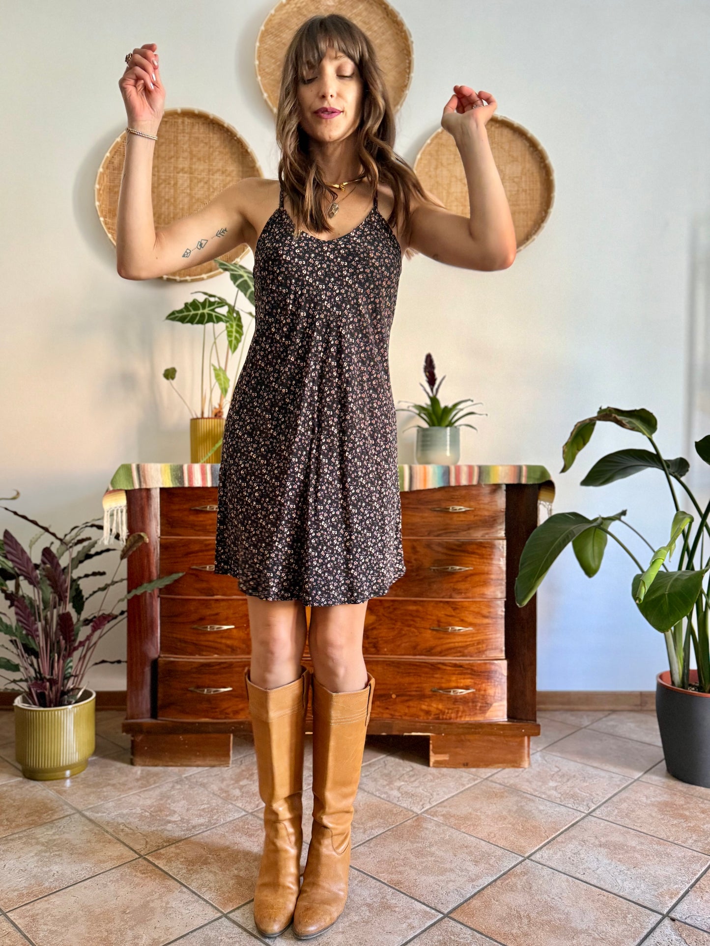 1990's vintage black midi dress with micro floral print