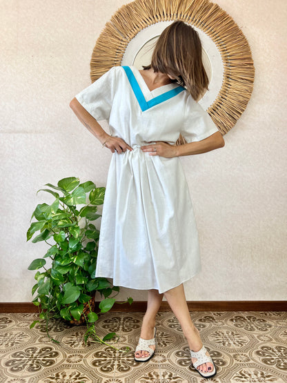 1960's vintage white midi dress with turquoise details