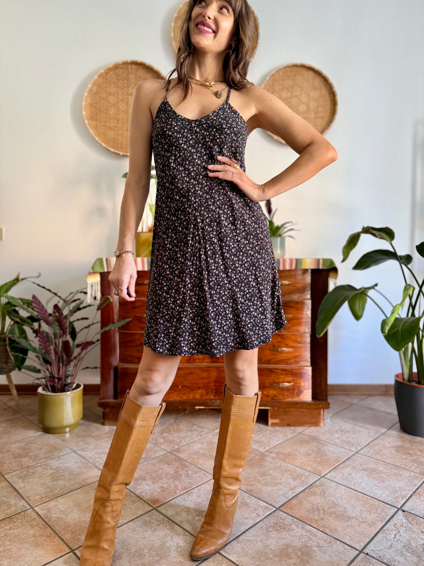 1990's vintage black midi dress with micro floral print