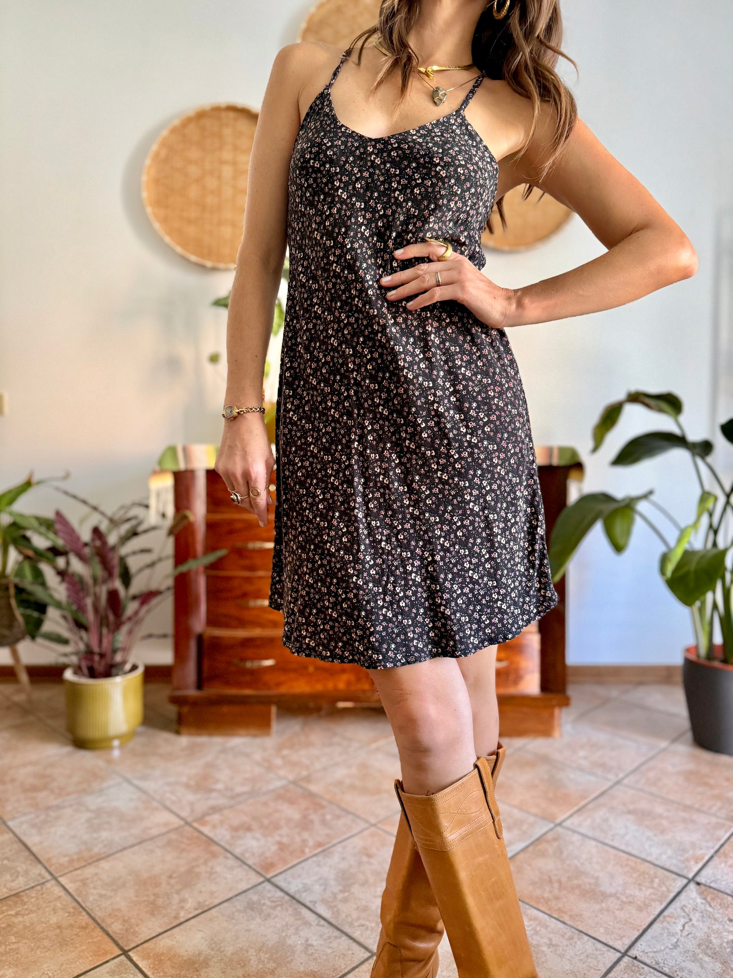 1990's vintage black midi dress with micro floral print
