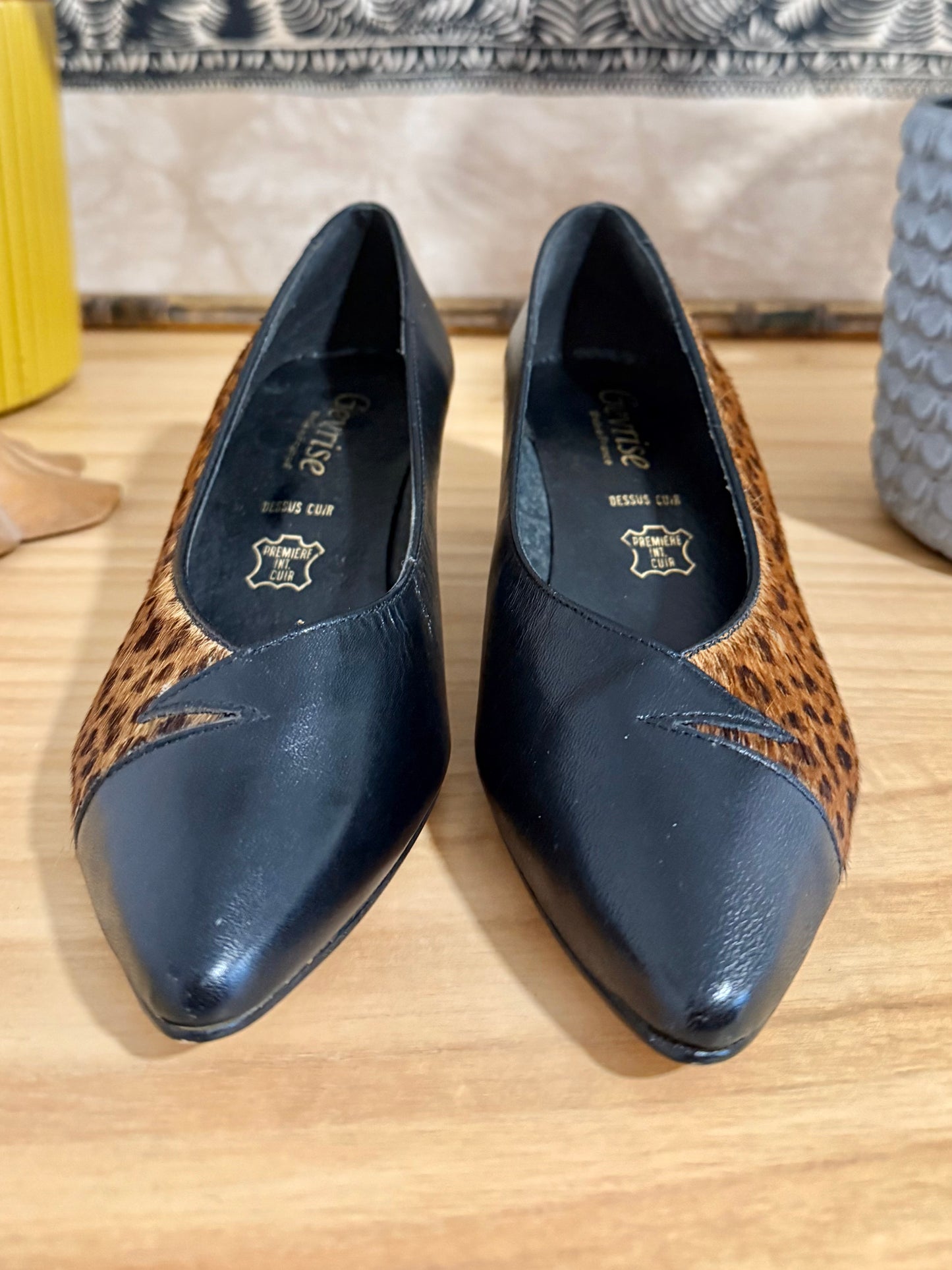 1960's vintage black leather and leopard dyed pony hair kitten heals