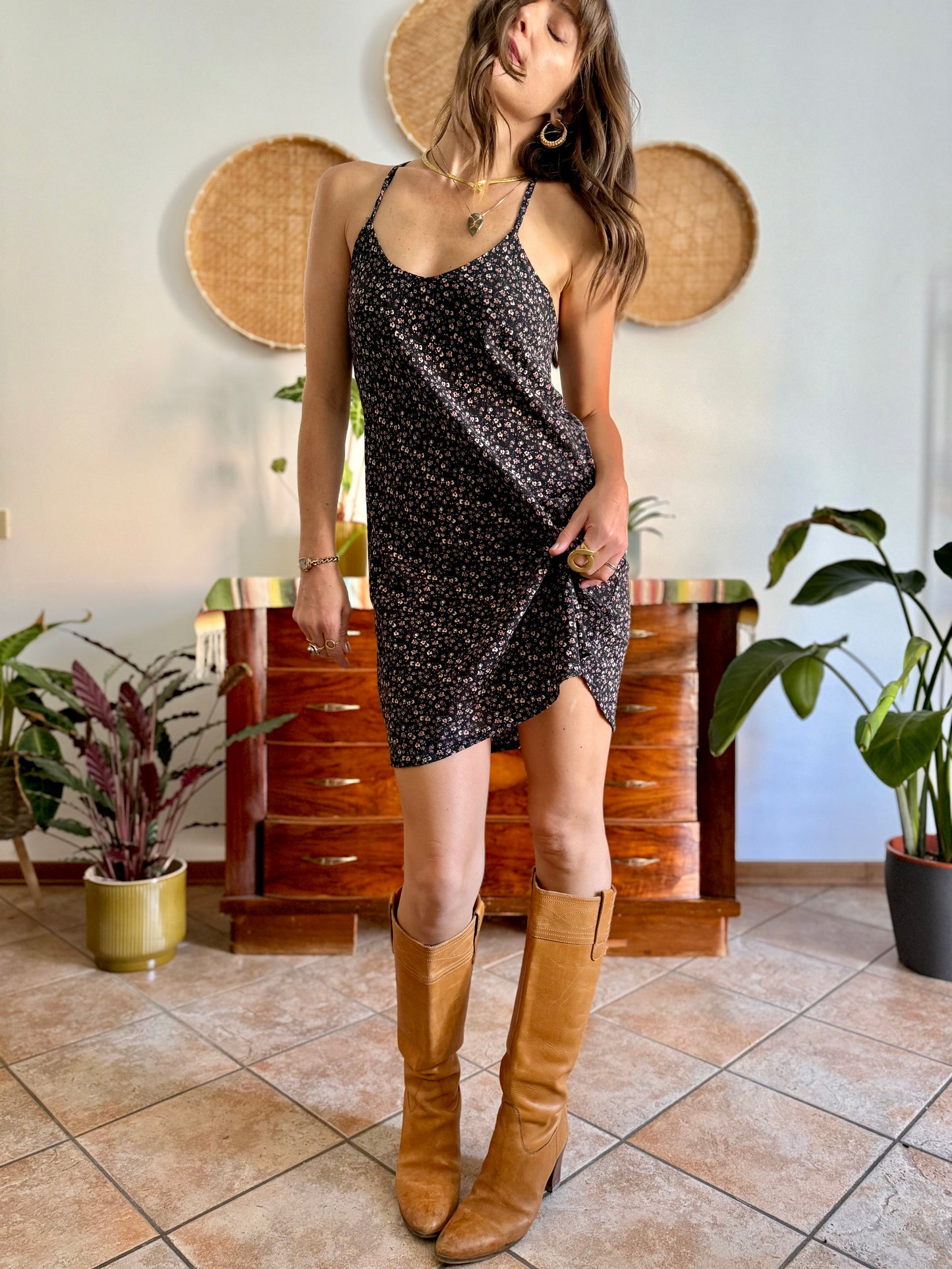 1990's vintage black midi dress with micro floral print