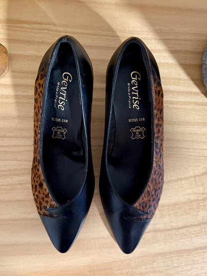 1960's vintage black leather and leopard dyed pony hair kitten heals