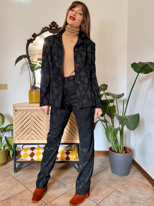 1990's vintage black floral woven blazer and trouser set with oversize burgundy buttons