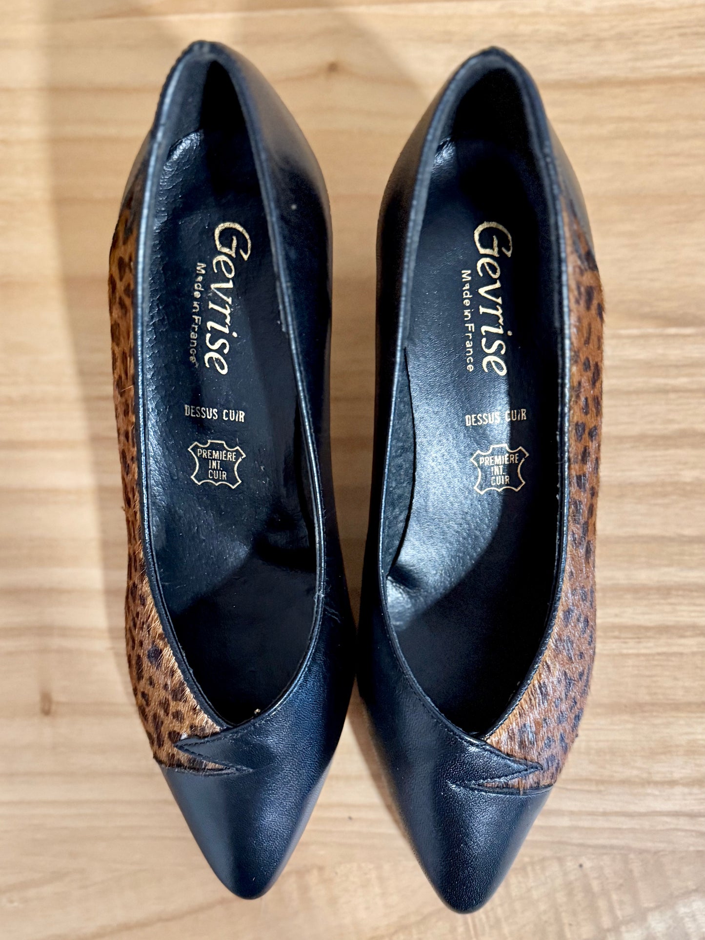 1960's vintage black leather and leopard dyed pony hair kitten heals