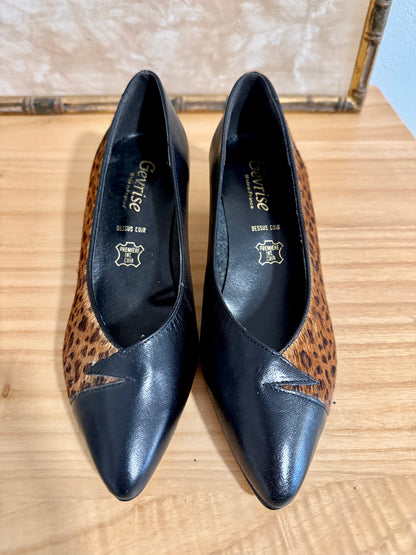 1960's vintage black leather and leopard dyed pony hair kitten heals
