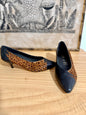 1960's vintage black leather and leopard dyed pony hair kitten heals
