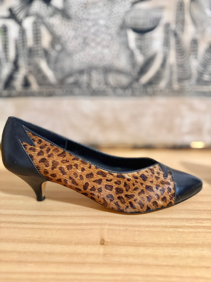1960's vintage black leather and leopard dyed pony hair kitten heals