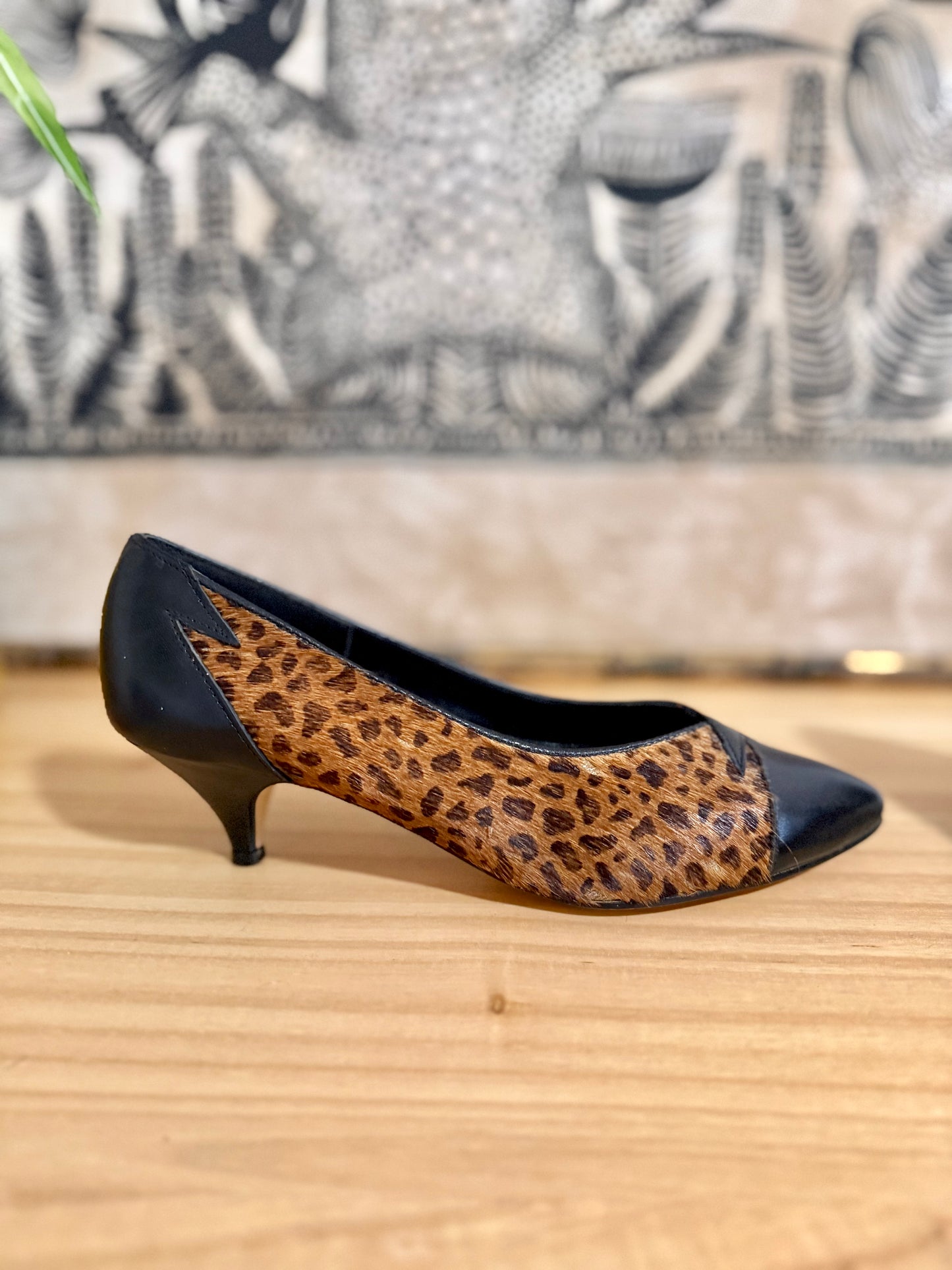 1960's vintage black leather and leopard dyed pony hair kitten heals