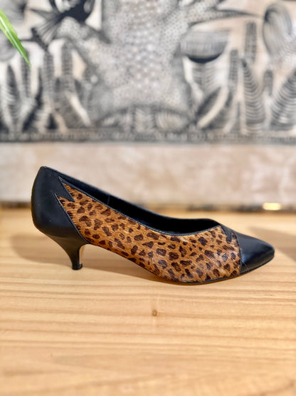 1960's vintage black leather and leopard dyed pony hair kitten heals