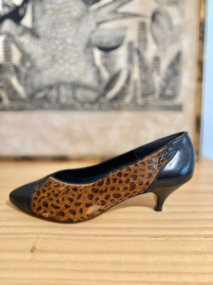 1960's vintage black leather and leopard dyed pony hair kitten heals