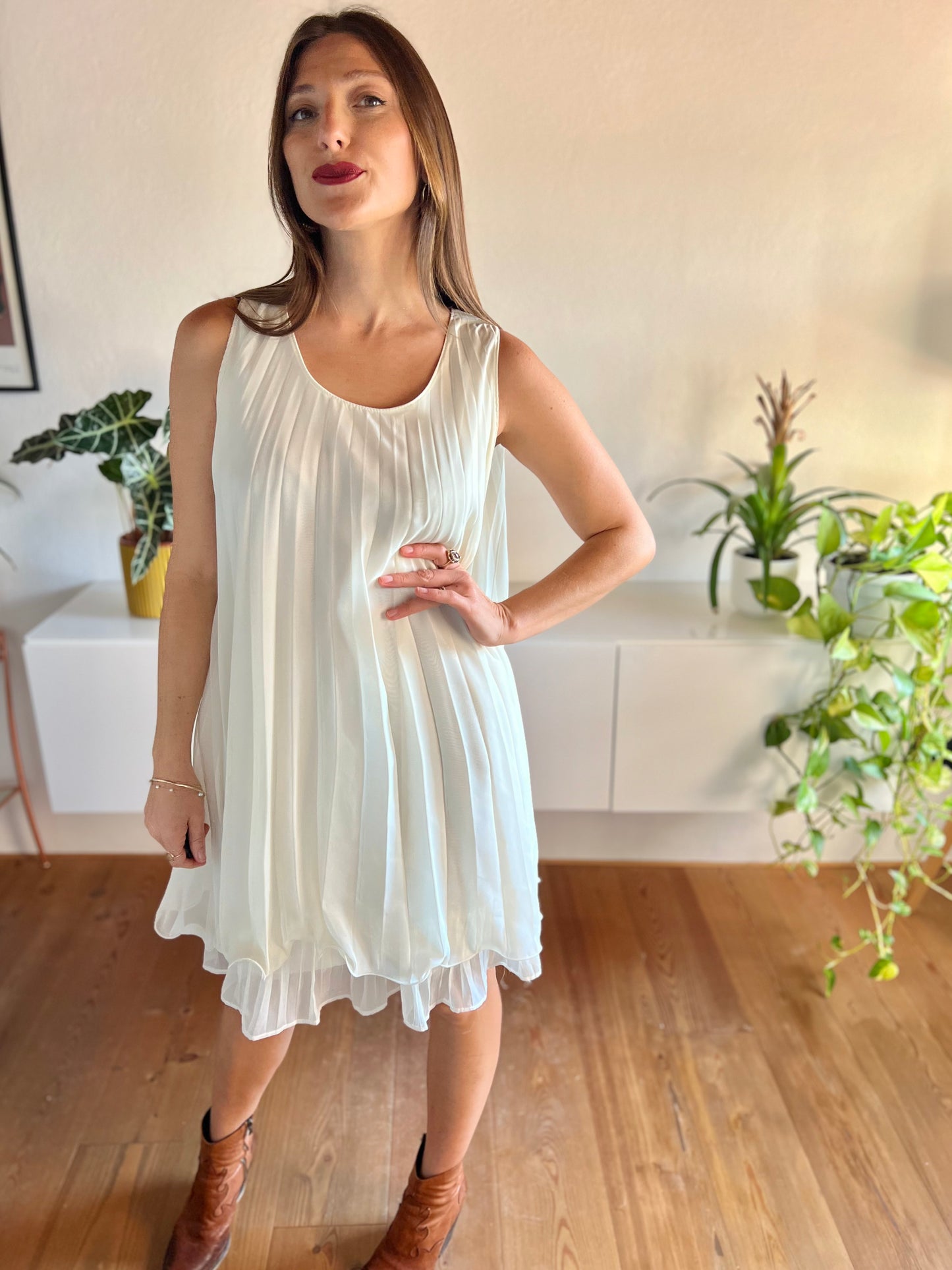 1990's vintage cream pleated mini dress