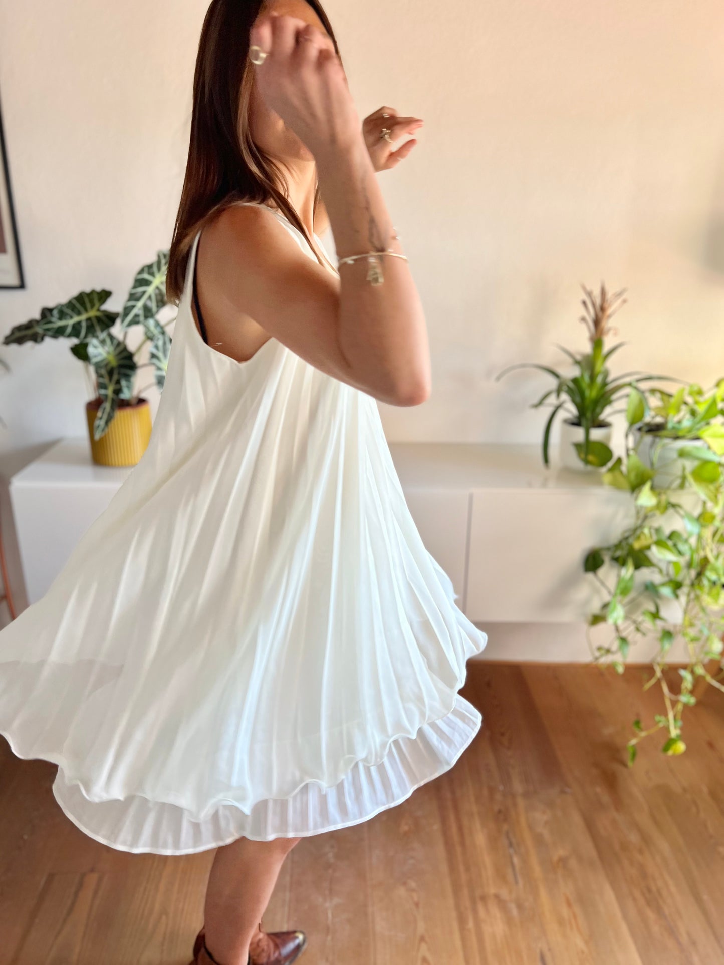 1990's vintage cream pleated mini dress