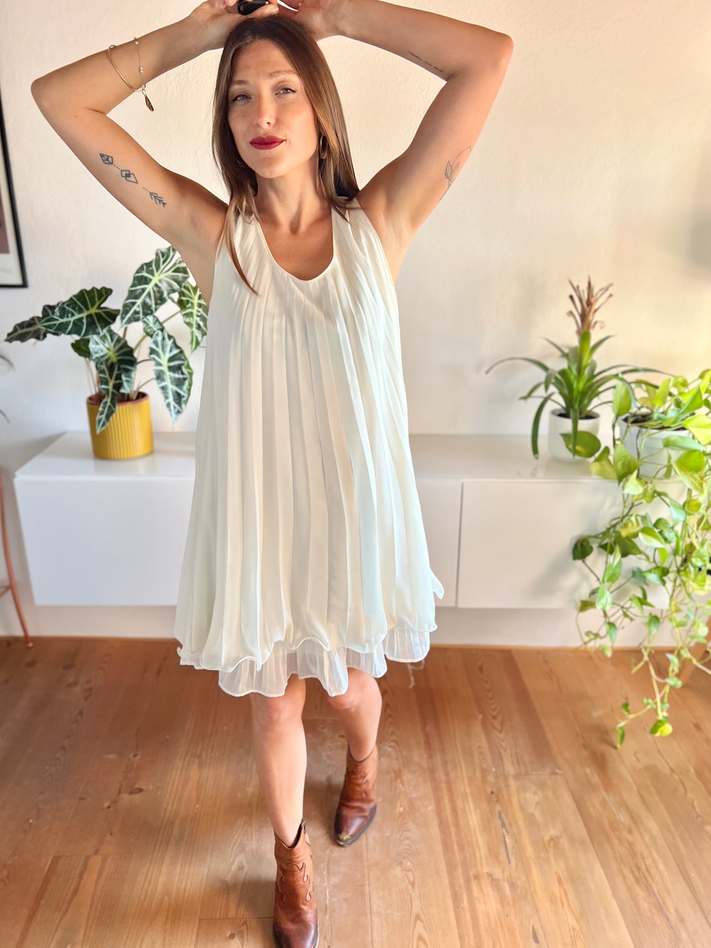 1990's vintage cream pleated mini dress