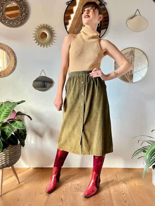 1970's vintage olive green corduroy midi skirt