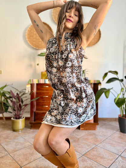 Y2k vintage brown, grey and orange floral drop waist mock neck mini dress
