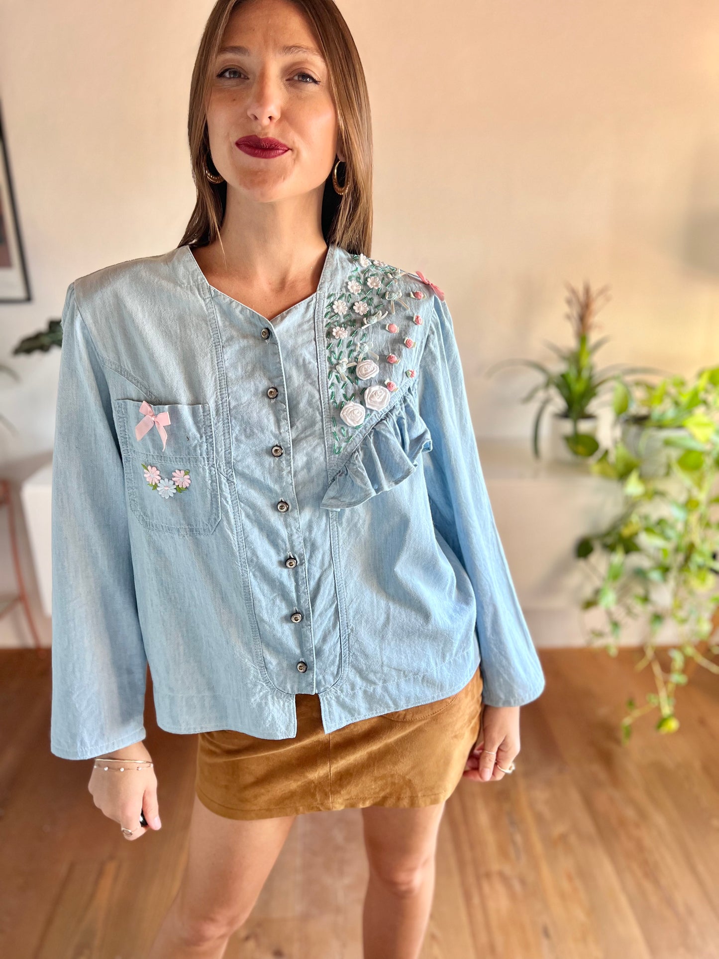 1980's vintage light blue denim shirt with floral ribbon and glass bead detailing