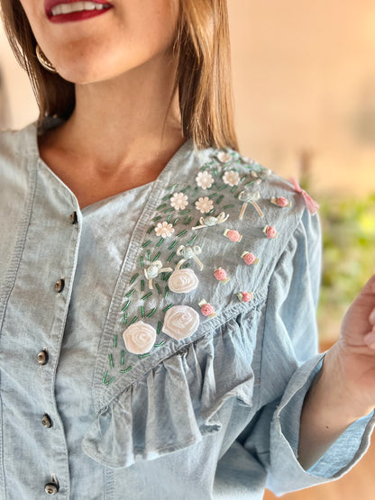 1980's vintage light blue denim shirt with floral ribbon and glass bead detailing