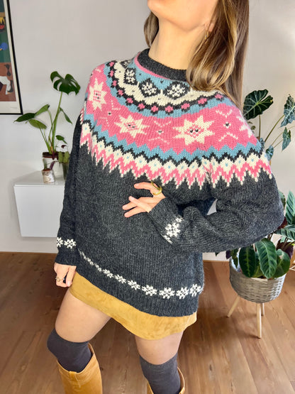 1970's pink and grey geometric knit wool pullover